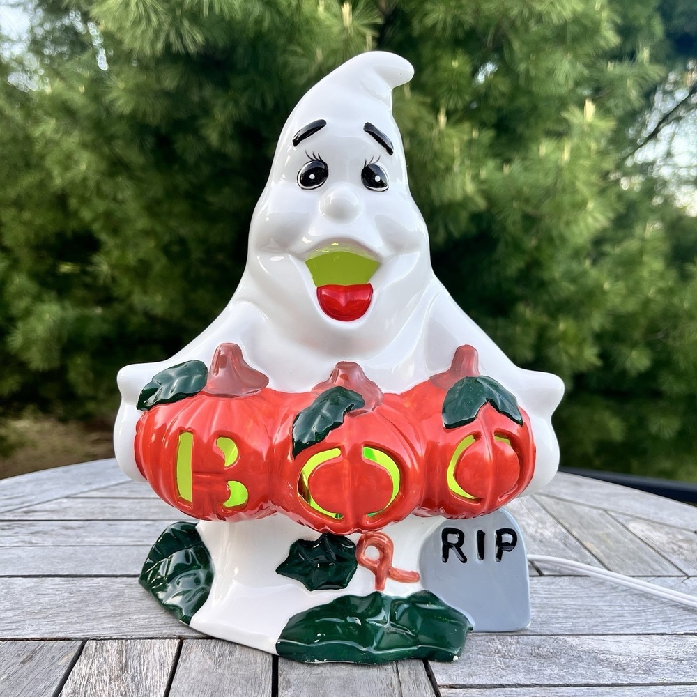 Vintage 1977Dolomite Halloween Ghost Boo Pumpkin Ceramic Lighted‎ Original Box